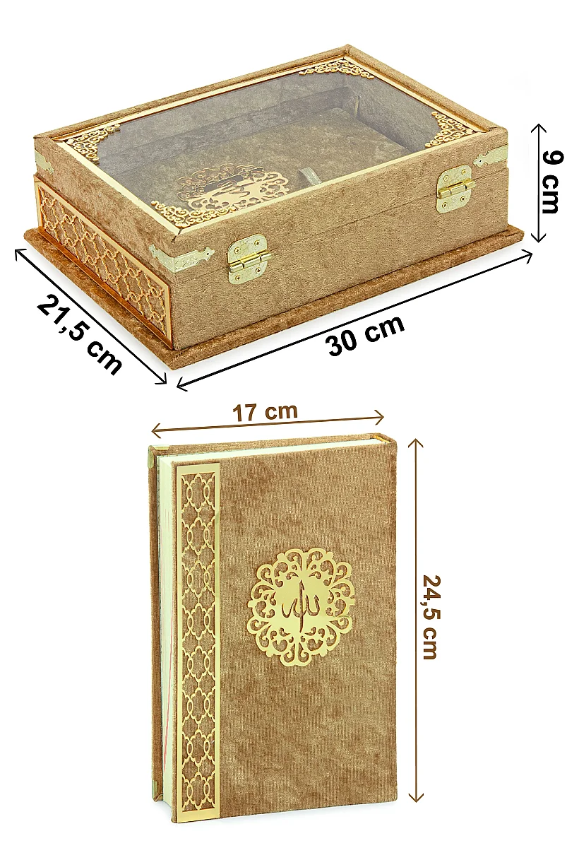 Kadife Kaplı - Şeffaf Lüks Sandıklı Kuranı Kerim - Hediyelik - Gold - 2