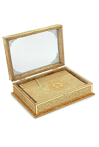 Kadife Kaplı - Şeffaf Lüks Sandıklı Kuranı Kerim - Hediyelik - Gold - 9