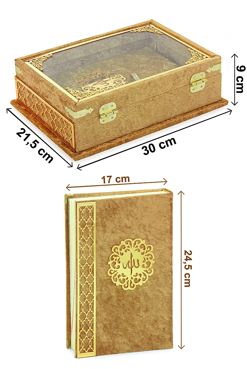 Kadife Kaplı - Şeffaf Lüks Sandıklı Kuranı Kerim - Hediyelik - Gold - 2