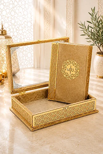 Kadife Kaplı - Şeffaf Lüks Sandıklı Kuranı Kerim - Hediyelik - Gold - 1