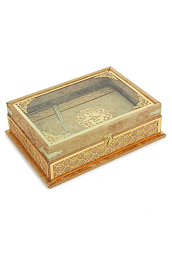 Kadife Kaplı - Şeffaf Lüks Sandıklı Kuranı Kerim - Hediyelik - Gold - 3