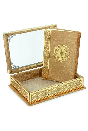 Kadife Kaplı - Şeffaf Lüks Sandıklı Kuranı Kerim - Hediyelik - Gold - 4