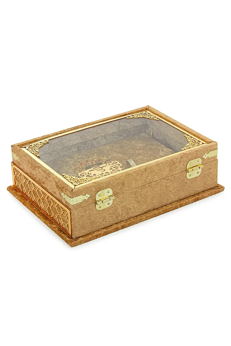 Kadife Kaplı - Şeffaf Lüks Sandıklı Kuranı Kerim - Hediyelik - Gold - 7