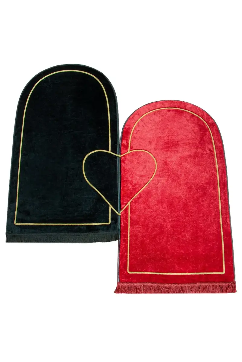 Sevgililer Gününe Özel Kalpli Çift Seccadesi - Süngerli Kadife Eşli Seccade Seti - Siyah Bordo - 2