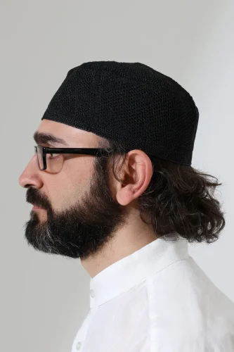 Sık Örgü Kalıp Namaz Takkesi, Dik Duruşlu Takke Siyah - 6