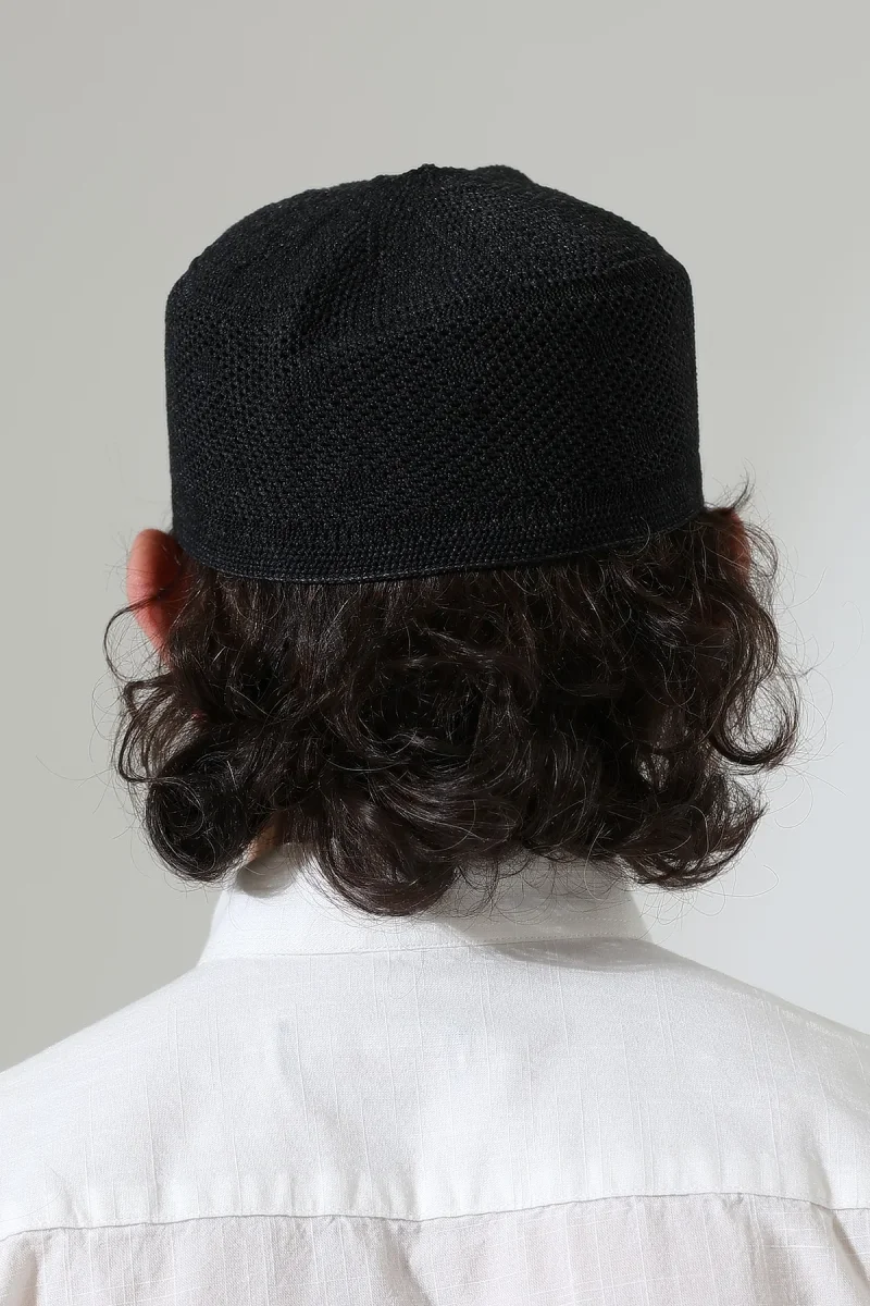 Sık Örgü Kalıp Namaz Takkesi, Dik Duruşlu Takke Siyah - 7