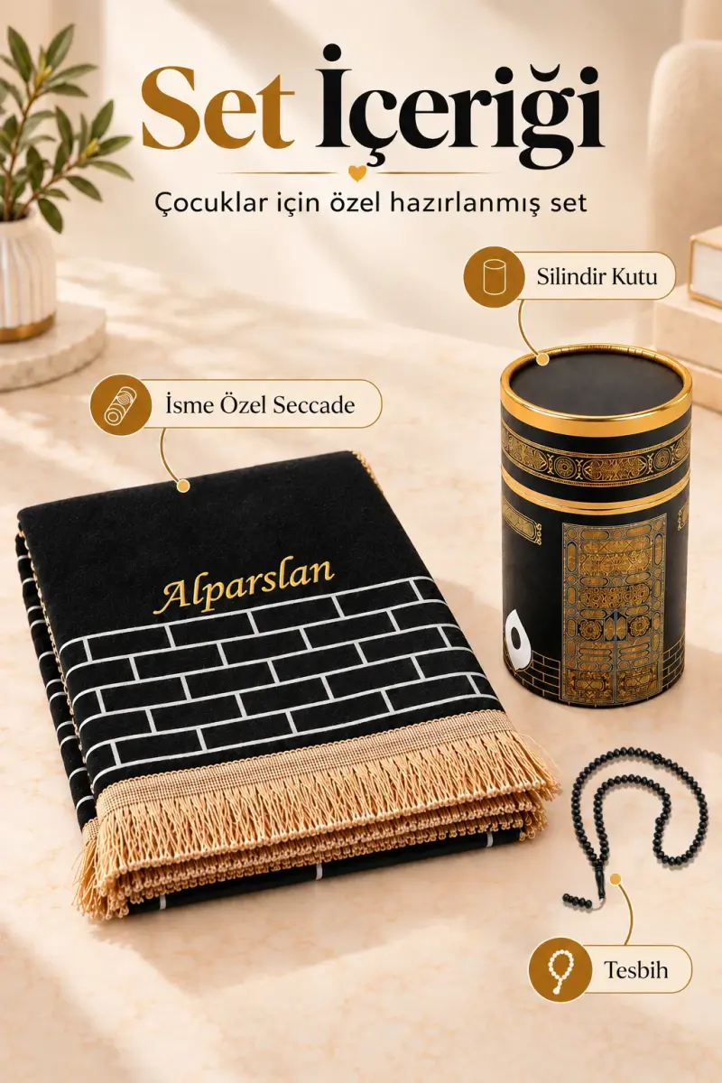 Silindir Kutulu İsme Özel Nakış İşlemeli Çocuk Seccade Seti - 2