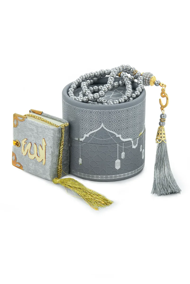 Silindir Kutulu Mini Kuranlı Tesbihli Mevlüt Hediye Seti Gri - 2