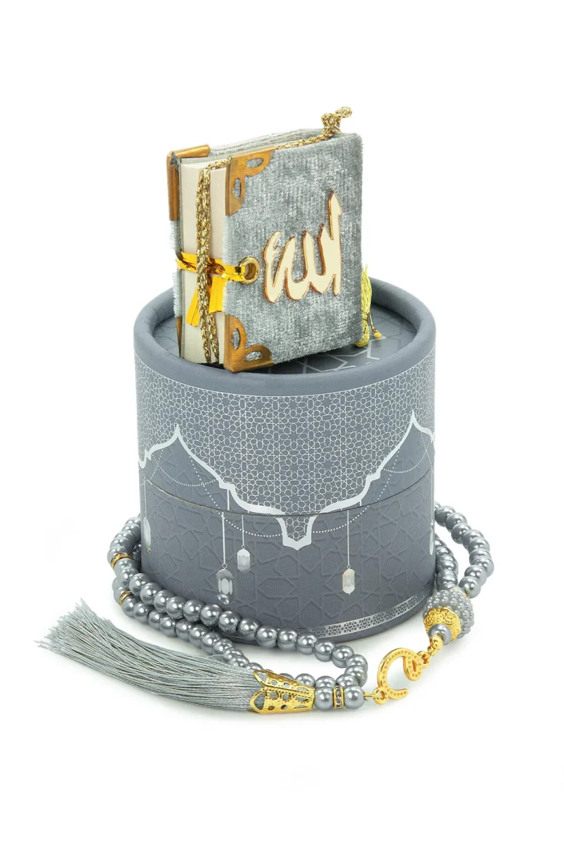 Silindir Kutulu Mini Kuranlı Tesbihli Mevlüt Hediye Seti Gri - 1