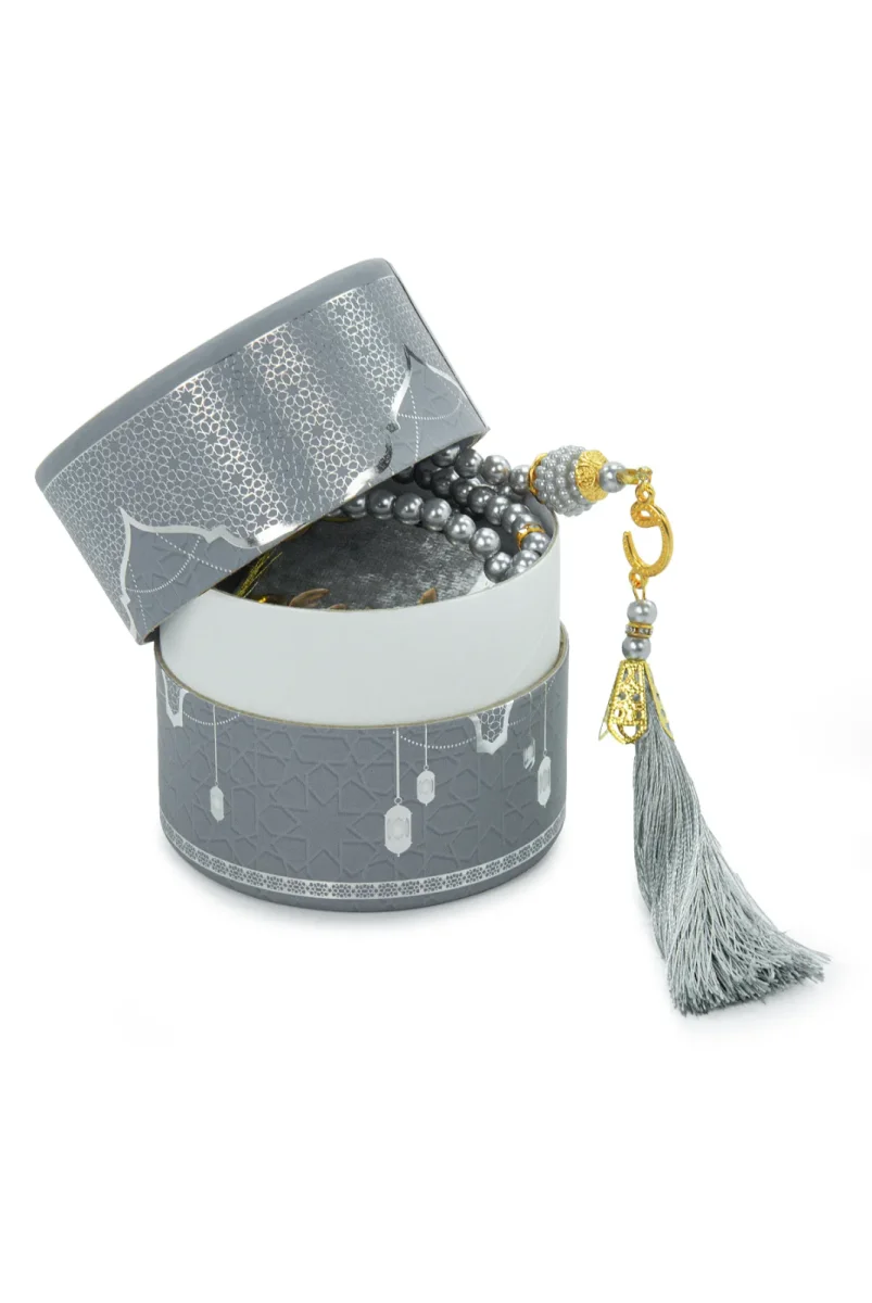 Silindir Kutulu Mini Kuranlı Tesbihli Mevlüt Hediye Seti Gri - 4