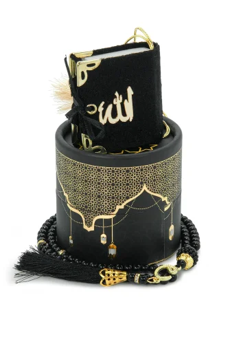 Silindir Kutulu Mini Kuranlı Tesbihli Mevlüt Hediye Seti Siyah 