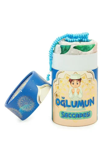 Silindir Kutulu Tesbihli Dijital Baskılı Çocuk Seccadesi Seti Mavi - 4