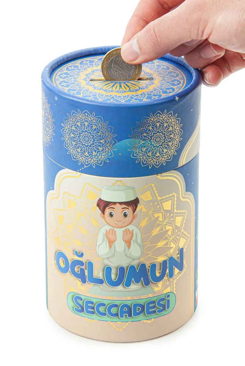 Silindir Kutulu Tesbihli Dijital Baskılı Çocuk Seccadesi Seti Mavi - 6