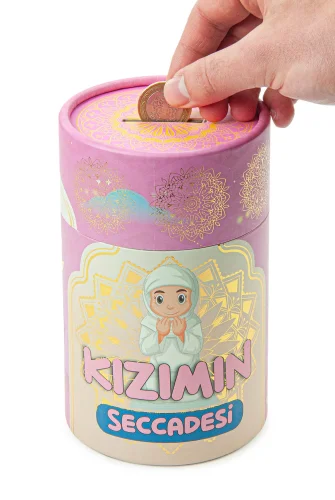 Silindir Kutulu Tesbihli Dijital Baskılı Kız Çocuk Seccadesi Seti Pembe - 6