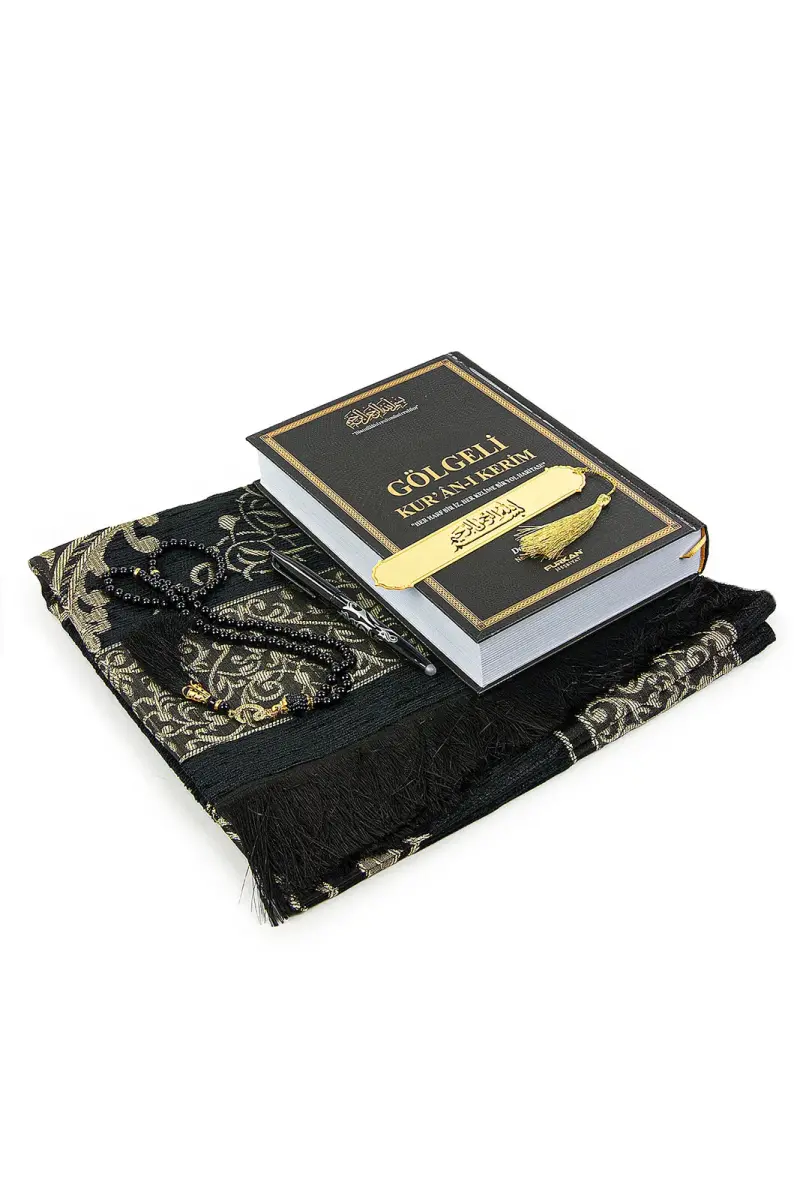 Silinebilir Kalemli Gölgeli Kuranı Kerim Seti Tesbihli Seccade Seti Siyah - 3