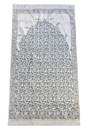 Silk Textured Carrying Bagged Tulip-Embroidered Prayer Rug - Cream - İhvan (1)