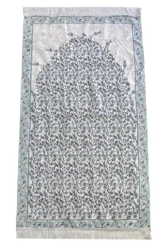 Silk Textured Carrying Bagged Tulip-Embroidered Prayer Rug - Mint Green - İhvan (1)