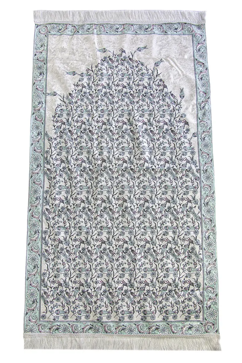 Silk Textured Carrying Bagged Tulip-Embroidered Prayer Rug - Mint Green - 2