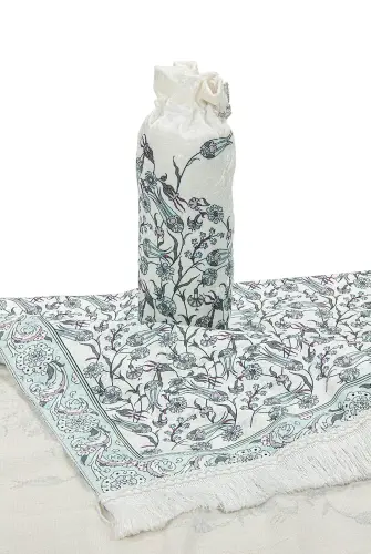 Silk Textured Carrying Bagged Tulip-Embroidered Prayer Rug - Mint Green - 6