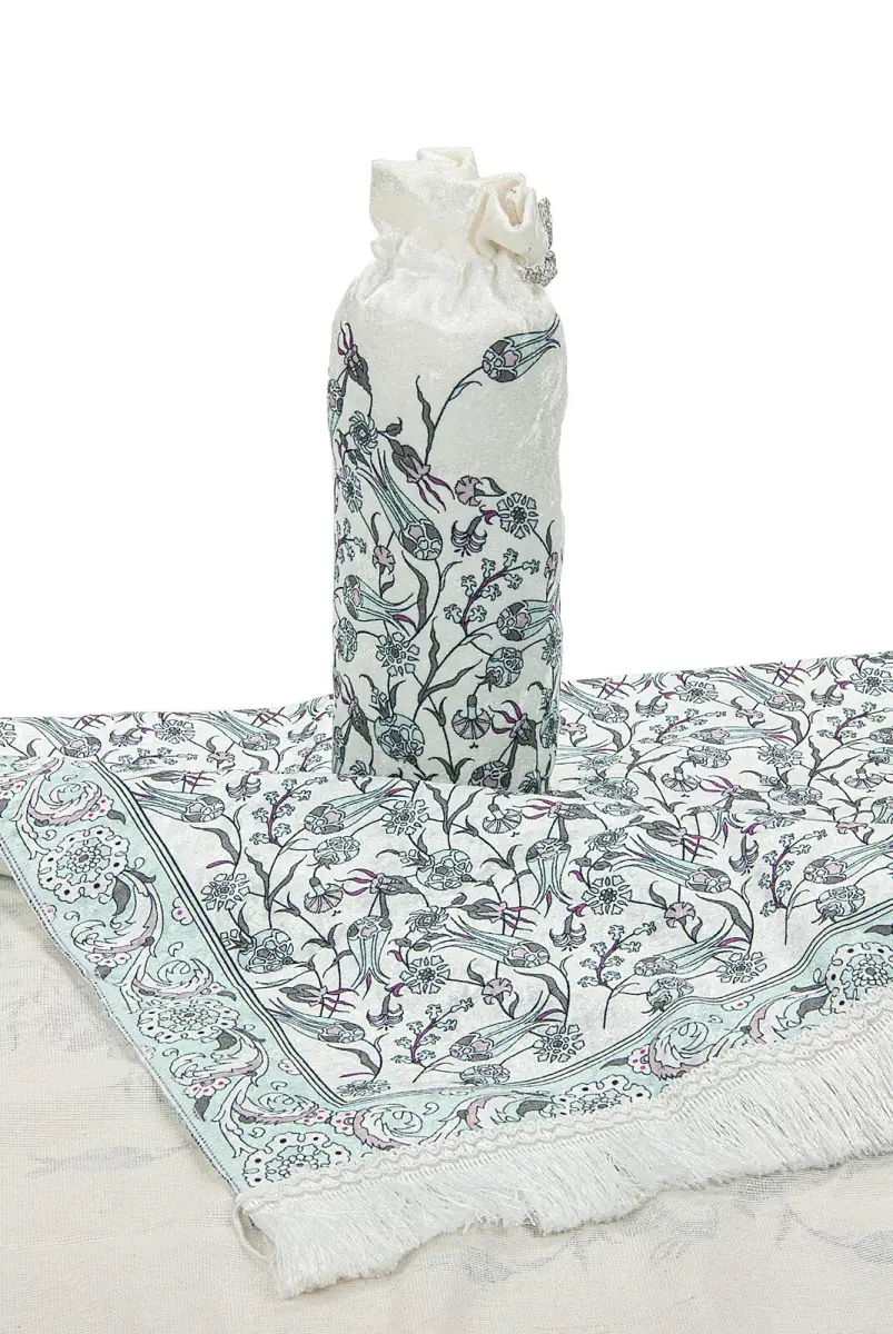 Silk Textured Carrying Bagged Tulip-Embroidered Prayer Rug - Mint Green - 6