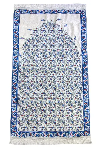 Silk Textured Carrying Bagged Tulip-Embroidered Prayer Rug - Navy Blue - İhvan (1)