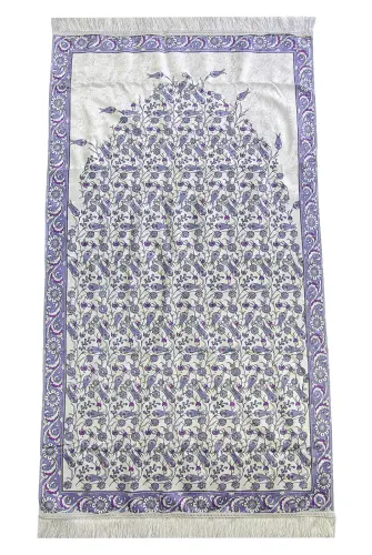 Silk Textured Carrying Bagged Tulip-Embroidered Prayer Rug - Purple - 7