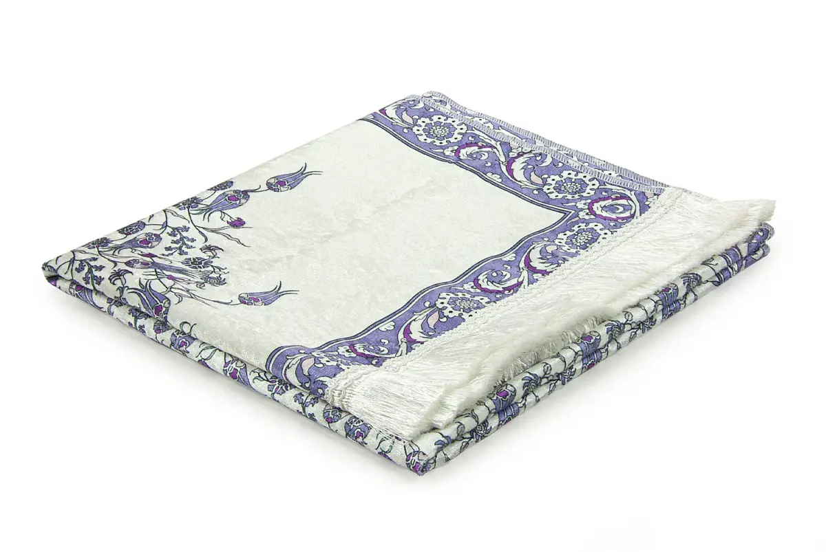 Silk Textured Carrying Bagged Tulip-Embroidered Prayer Rug - Purple - 4