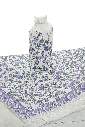 Silk Textured Carrying Bagged Tulip-Embroidered Prayer Rug - Purple - 5