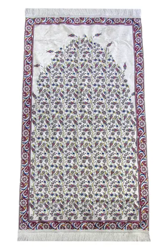 Silk Textured Carrying Bagged Tulip-Embroidered Prayer Rug - Red - 5