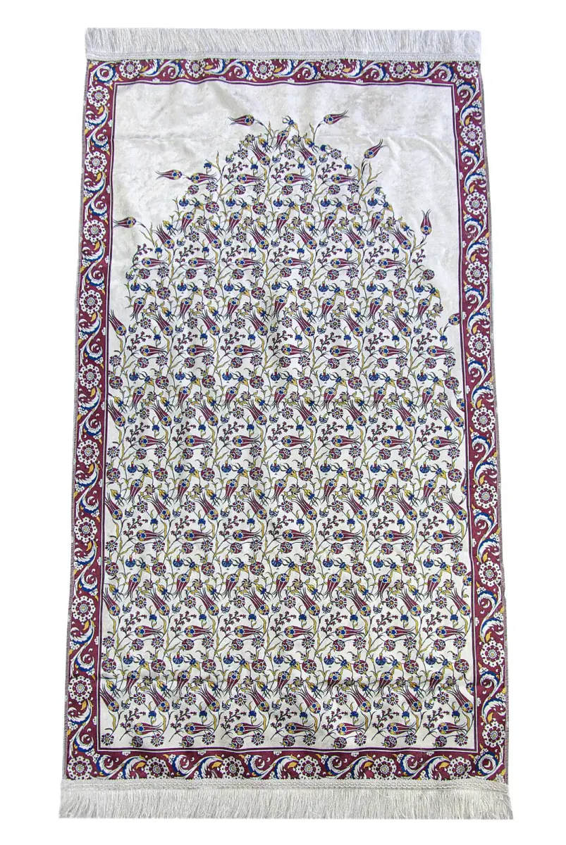 Silk Textured Carrying Bagged Tulip-Embroidered Prayer Rug - Red - 5