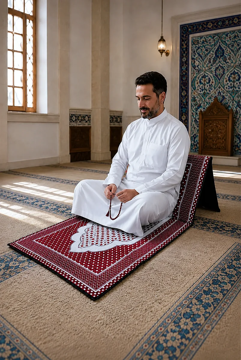 Sırt Dayamalı Katlanır Süngerli Seccade - Destekli Namaz Minderi - Kırmızı - 1