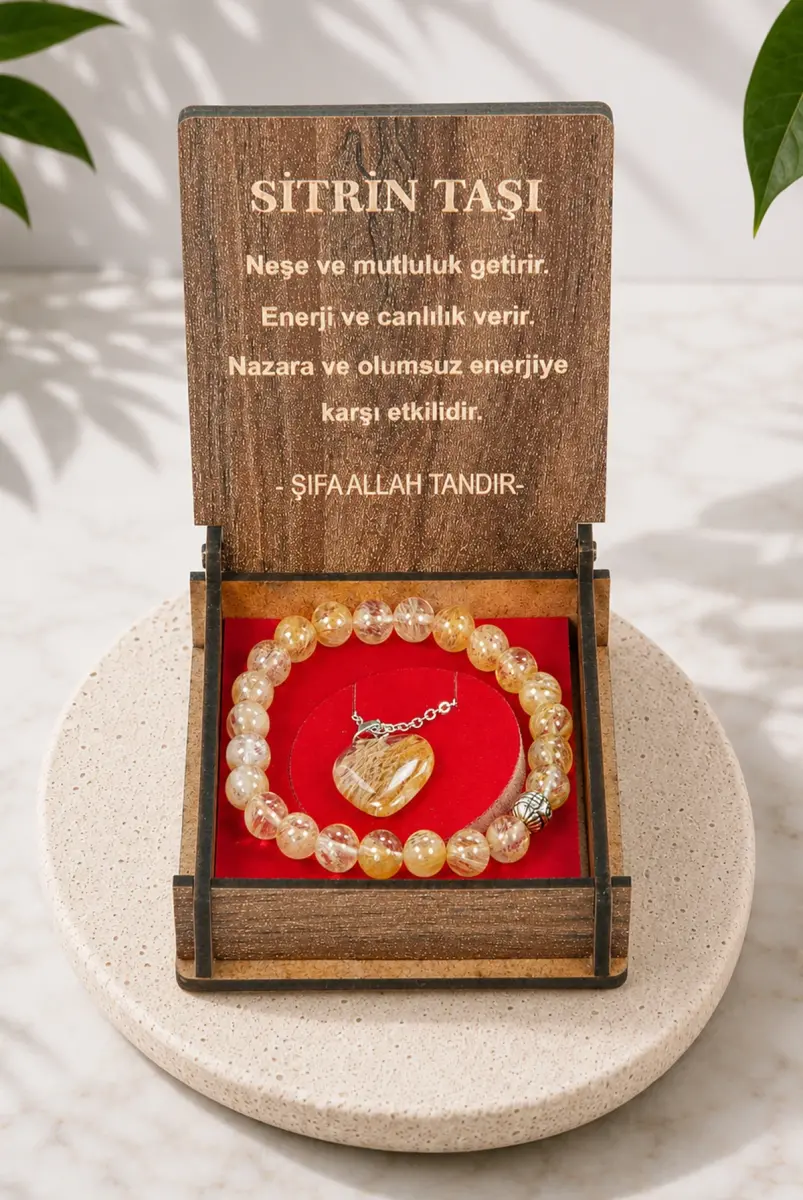 Sitrin Taşı Bileklik ve Kolye Seti - Ahşap Kutulu Hediyelik - 1