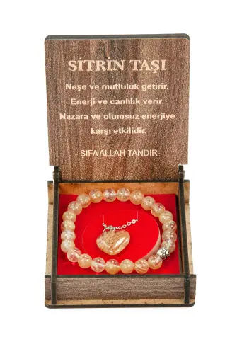 Sitrin Taşı Bileklik ve Kolye Seti - Ahşap Kutulu Hediyelik - 4