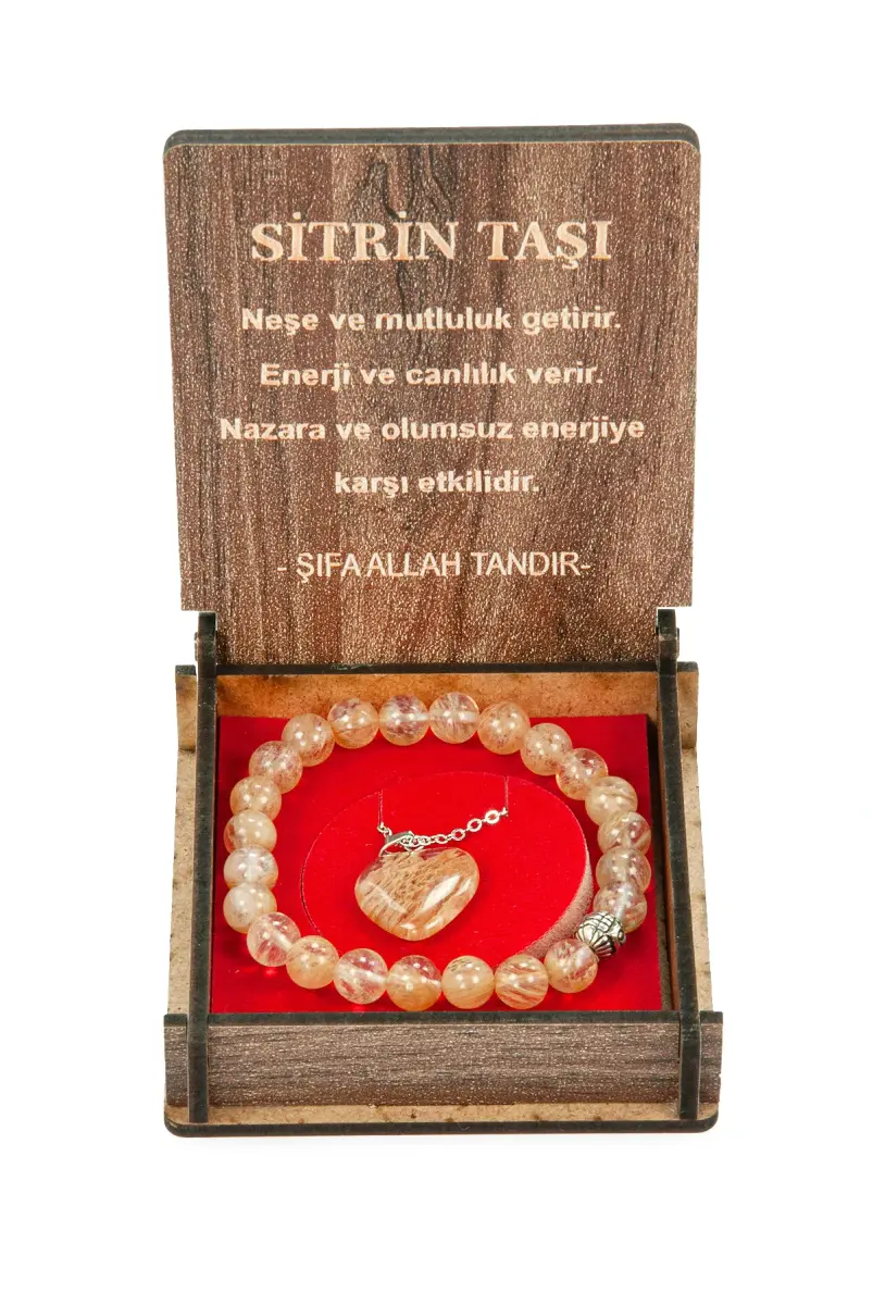 Sitrin Taşı Bileklik ve Kolye Seti - Ahşap Kutulu Hediyelik - 4