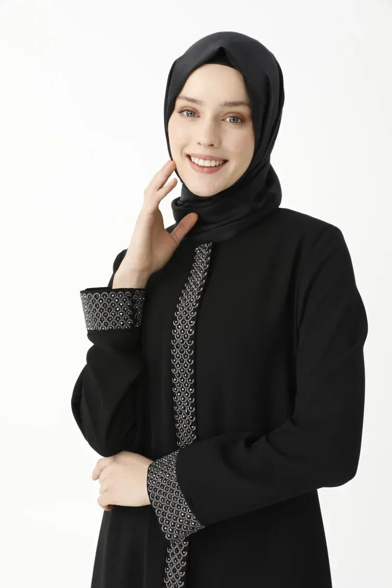 Siyah Balıksırtı Taşlı Nakışlı Anne Ferace 9378-22 - 4