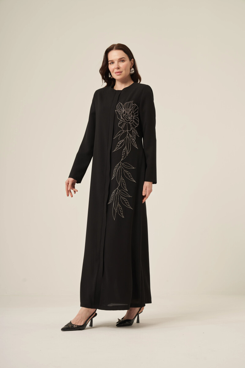 Si̇yah Beyaz Swarovski̇ Taş Detaylı Gi̇zli̇ Fermuarlı Tesettür Ferace 6158-25 Siyah - ihvanonline