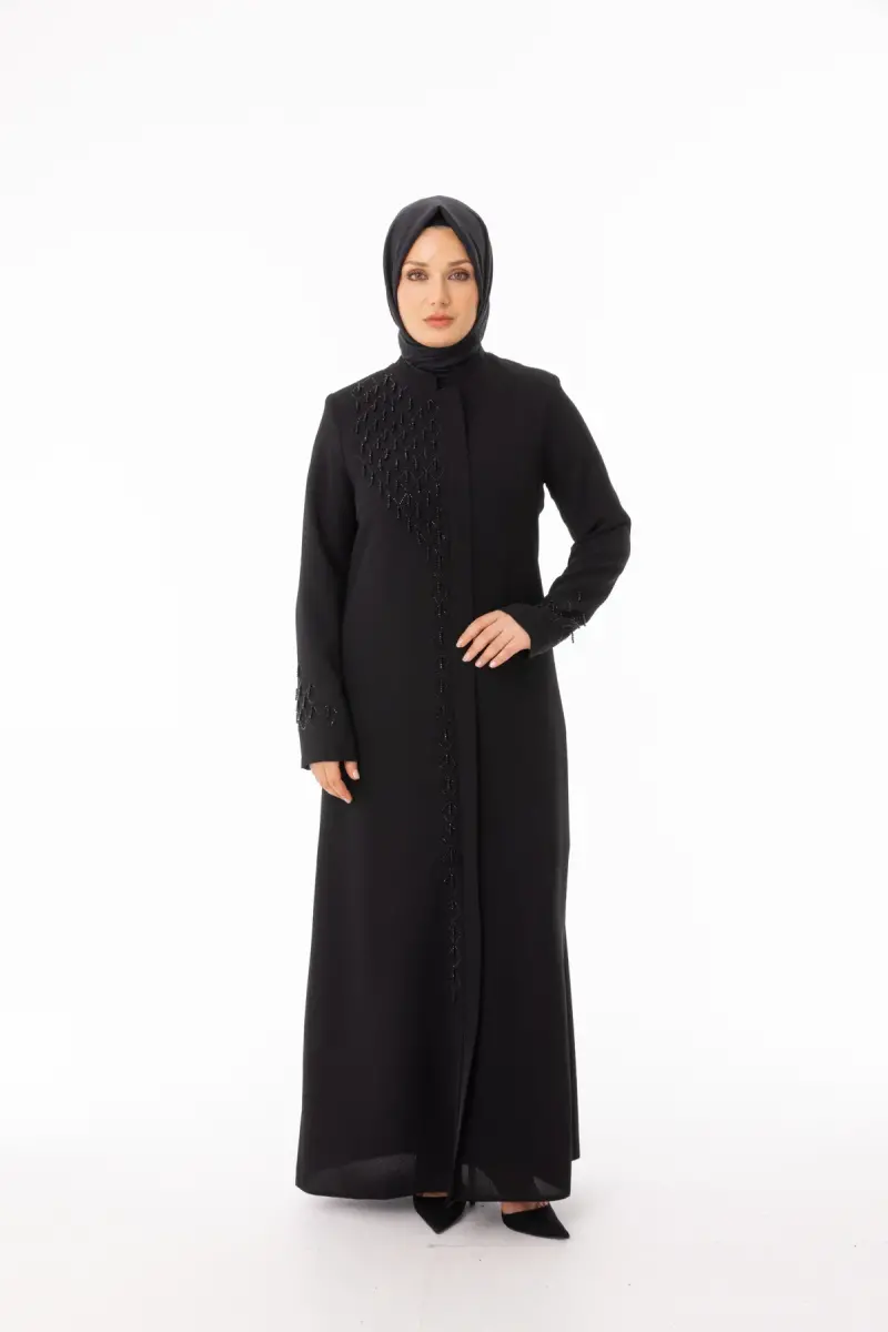 Siyah Boncuk İşlemeli Tesettür Ferace - Büyük Beden Tam Boy Pardesü Zerenay 5610-26 - 1