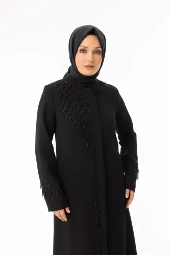 Siyah Boncuk İşlemeli Tesettür Ferace - Büyük Beden Tam Boy Pardesü Zerenay 5610-26 - 3