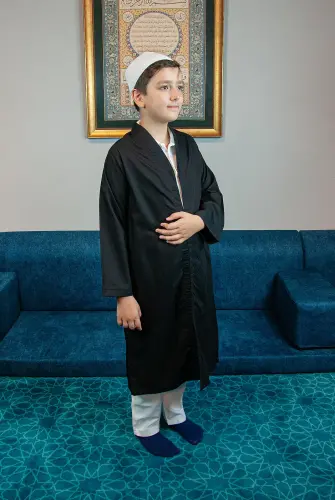 Siyah Buhara Yaka Namaz Elbisesi Erkek Çocuk Cübbe 
