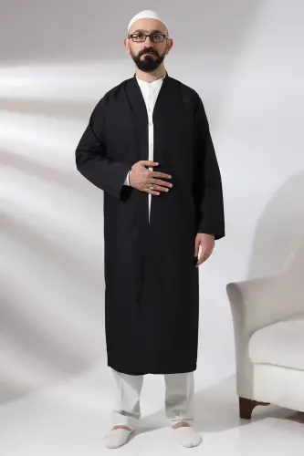 Siyah Erkek Namaz Elbisesi V Yaka Düğmesiz Önü Açık Namaz Cübbesi - 9