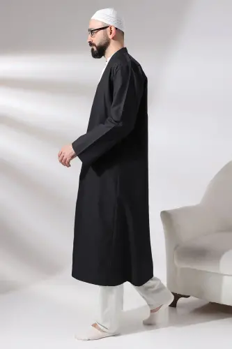 Siyah Erkek Namaz Elbisesi V Yaka Düğmesiz Önü Açık Namaz Cübbesi - 5