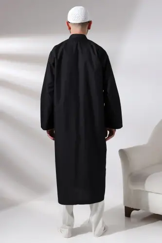 Siyah Erkek Namaz Elbisesi V Yaka Düğmesiz Önü Açık Namaz Cübbesi - 6