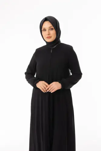 Siyah Fendi Kol Fırfırlı Fermuarlı Tesettür Ferace - Büyük Beden Tam Boy Zerenay 5328-26 - ihvanonline (1)