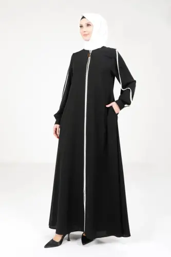 Siyah Fermuarlı Kolları Yırtmaçlı Beyaz Biyeli Spor Tesettür Ferace 9327-25 - Beyza (1)