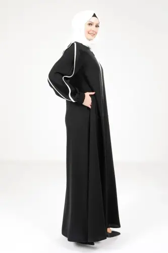 Siyah Fermuarlı Kolları Yırtmaçlı Beyaz Biyeli Spor Tesettür Ferace 9327-25 - 3