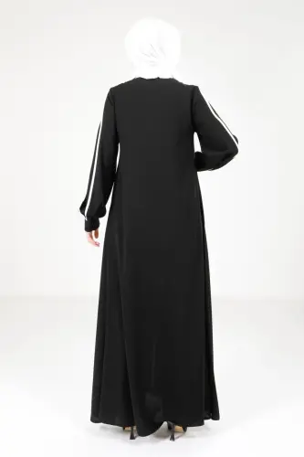 Siyah Fermuarlı Kolları Yırtmaçlı Beyaz Biyeli Spor Tesettür Ferace 9327-25 - 4