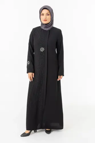 Siyah Fermuarlı Kristal Taş Detaylı Tesettür Ferace ZRNY 5506-25 - (1)