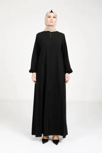 Siyah Fermuarlı Önden Cepli Ayarlanabilir Yandan Fermuar Detaylı Tesettür Ferace 9326-25 - Beyza (1)