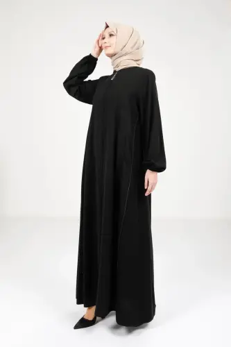 Siyah Fermuarlı Önden Cepli Ayarlanabilir Yandan Fermuar Detaylı Tesettür Ferace 9326-25 - 3