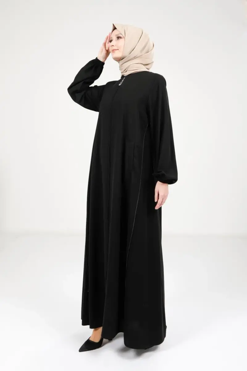 Siyah Fermuarlı Önden Cepli Ayarlanabilir Yandan Fermuar Detaylı Tesettür Ferace 9326-25 - 3